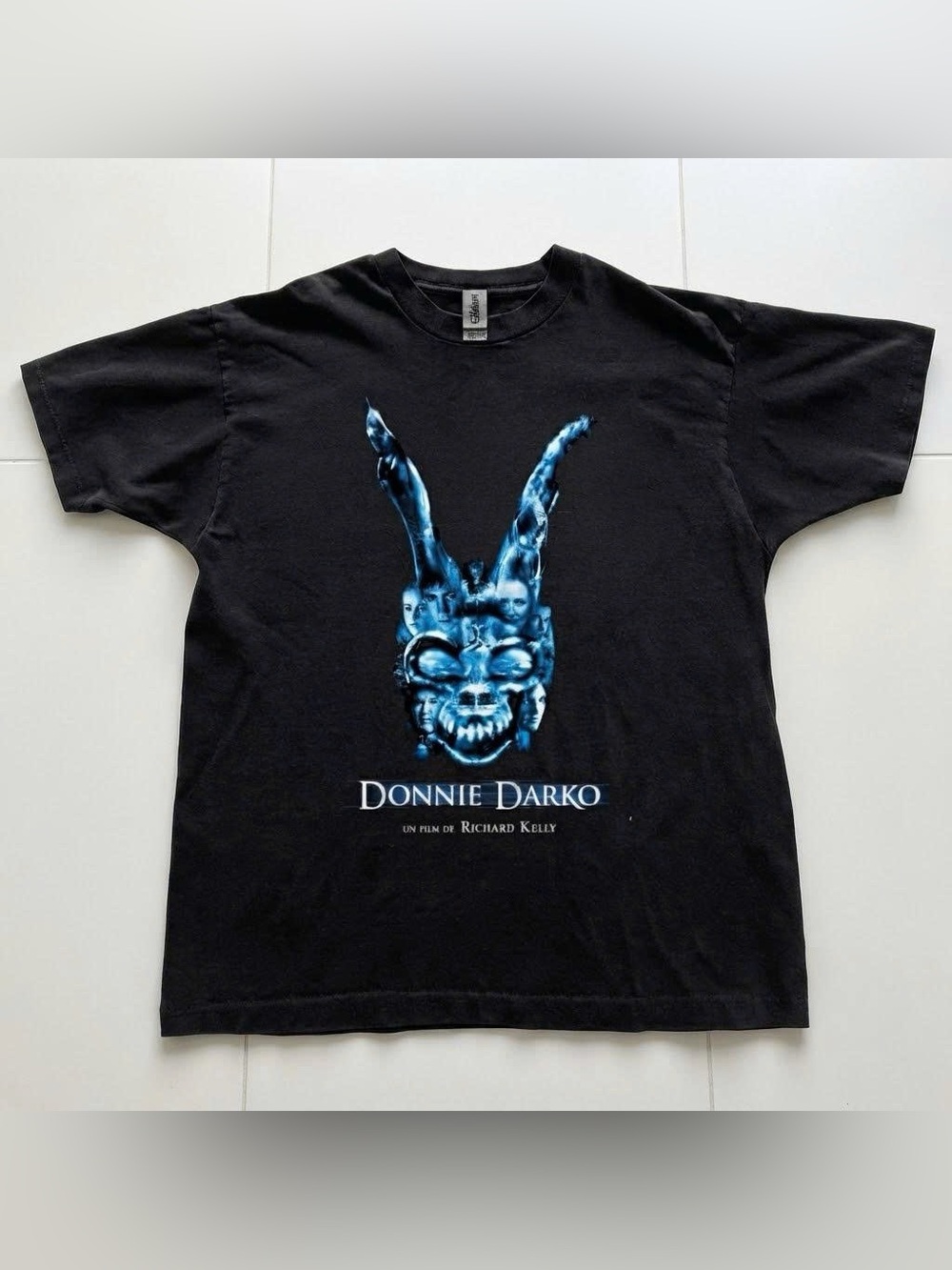 Vintage Donnie Darko Black Graphic Tee with Blue Rabbit Design
